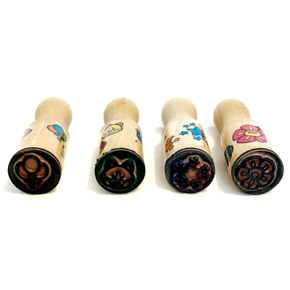 Melissa and Doug Wooden Rubber Stamp Set of 10 Rainbow Cupcake Cat Ladybug Sun - Picture 3 of 7